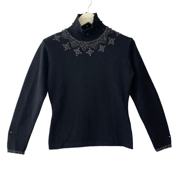 VINTAGE 80s Jet Beaded Turtleneck Sweater Size S/M - Picture 1 of 6